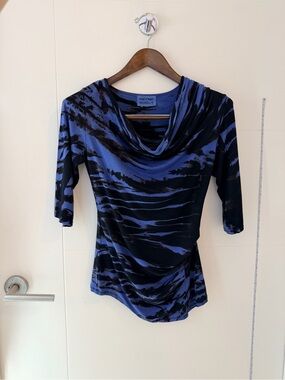 Heyne Bogut Artisan Blue and Black Cowl Neck 3/4 Sleeve Lagenlook Tie Dye Top